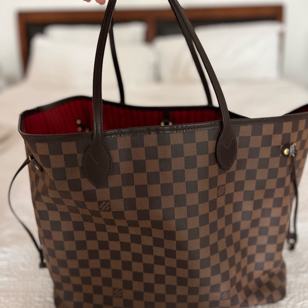 Louis Vuitton Brown Checkered Neverfull GM Tote with Red Interior